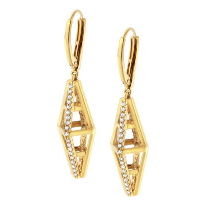 Pair of yellow metal geometric drop earrings with open diamond-shaped design, accented with rows of small white gemstones in pave setting, front-facing view.