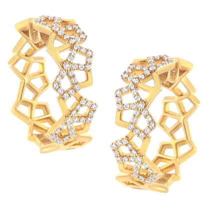 Pair of yellow metal hoop earrings with geometric openwork design, adorned with multiple small white gemstones in pave setting, shown in a close-up front angle.