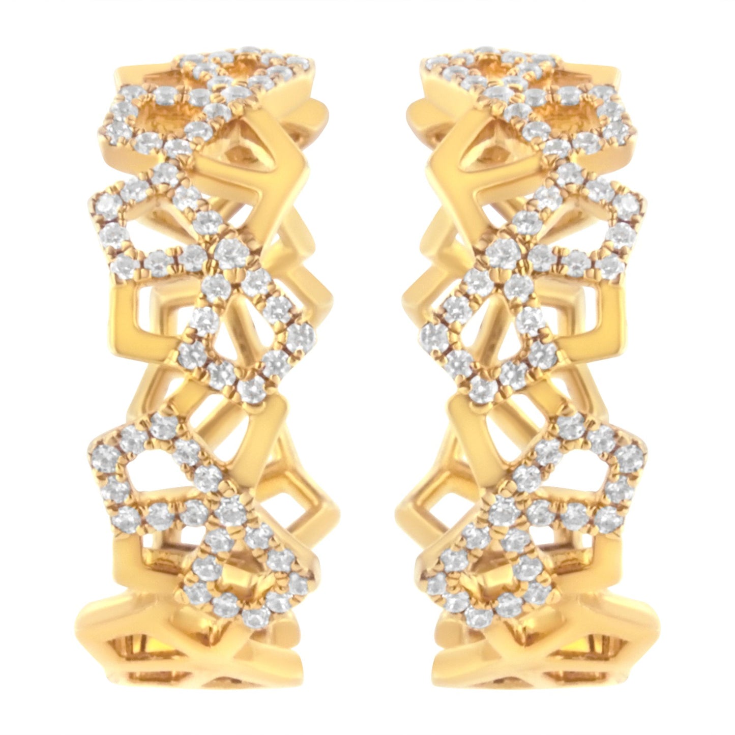 Pair of yellow metal earrings with open geometric design and pave white gemstones, shown from the front angle.