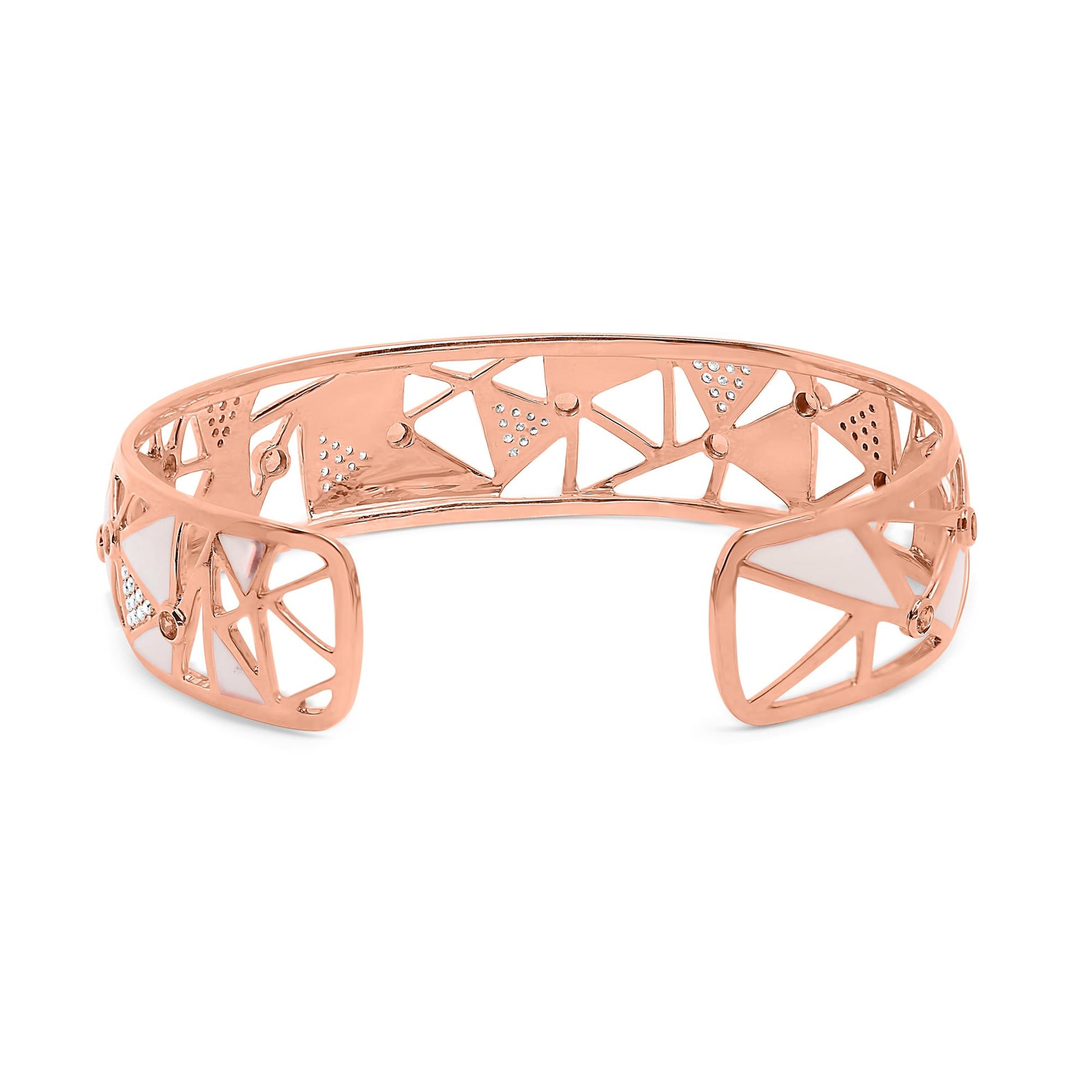 Rose metal open cuff bracelet with geometric cutout design, white gemstones in pave setting, and pink gemstones in bezel setting, shown at a slight angle.