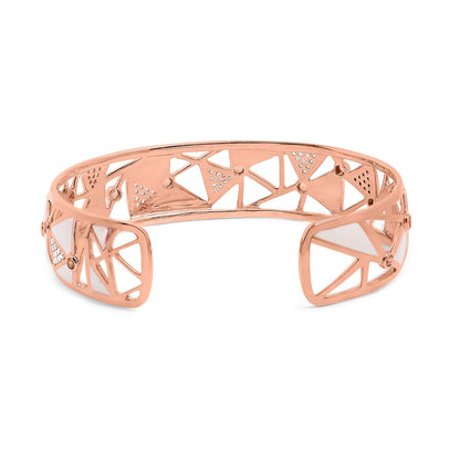 Rose metal open cuff bracelet with geometric cutout design, white gemstones in pave setting, and pink gemstones in bezel setting, shown at a slight angle.