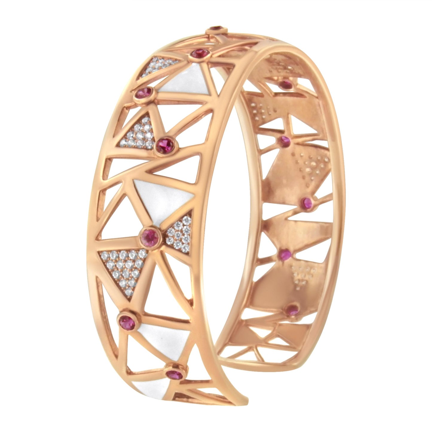 Rose-colored openwork bracelet with an abstract geometric design featuring round pink gemstones in bezel settings and sections of small white gemstones in pave settings, shown in a three-quarter angle.