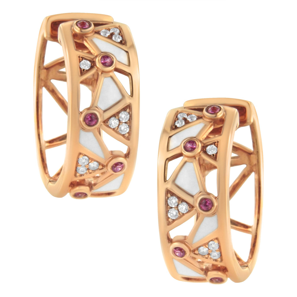 Front view of 14K rose gold geometric hoop earrings with pink tourmaline, diamonds, and white enamel on white background