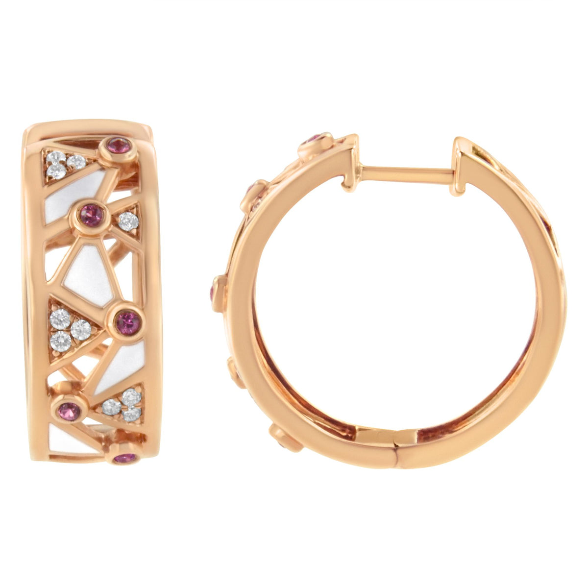 14K rose gold geometric hoop earrings shown from an alternate angle