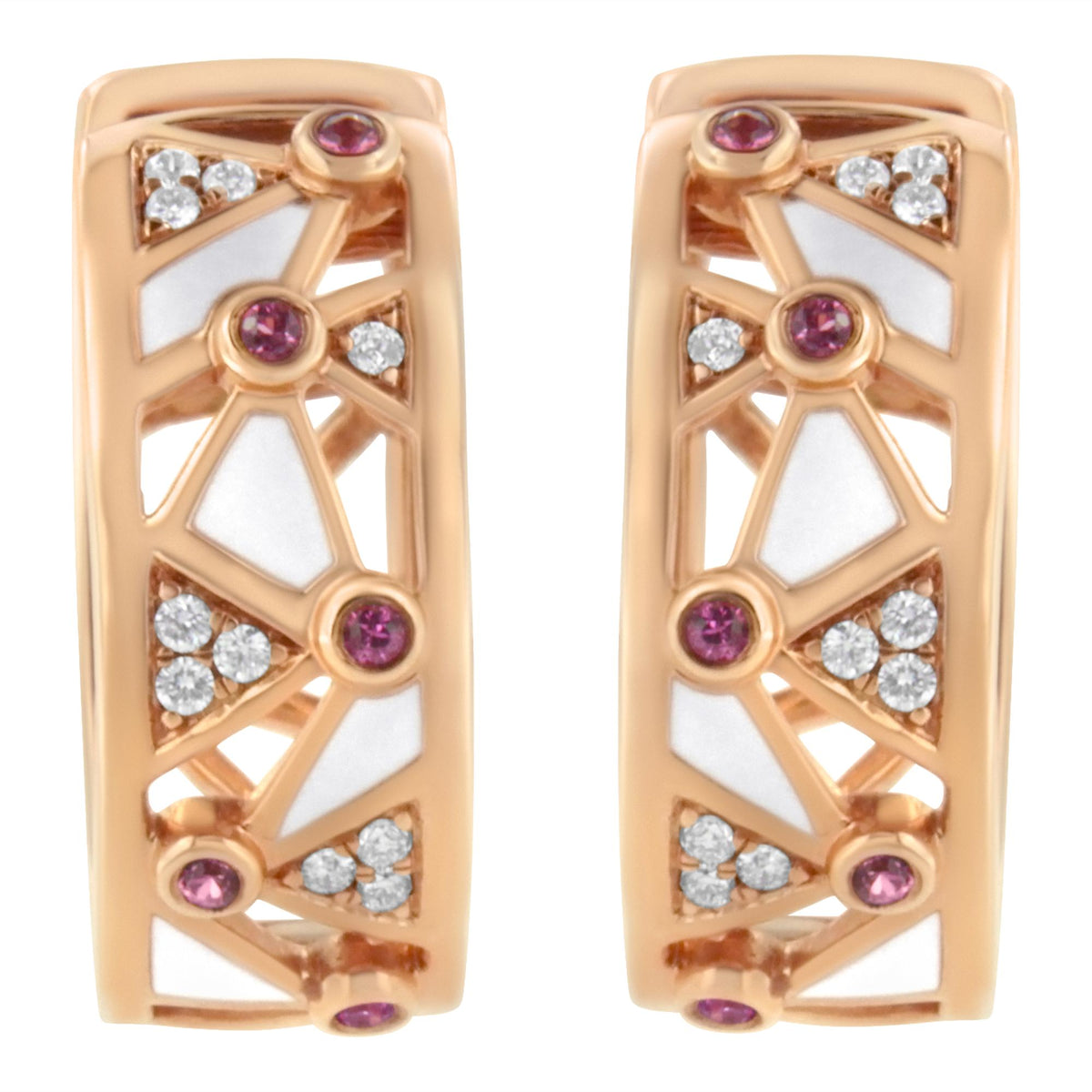 Front view of 14K rose gold geometric hoop earrings with diamond, pink tourmaline, and white enamel openwork on white background