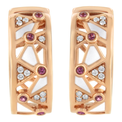 Front view of 14K rose gold geometric hoop earrings with diamond, pink tourmaline, and white enamel openwork on white background
