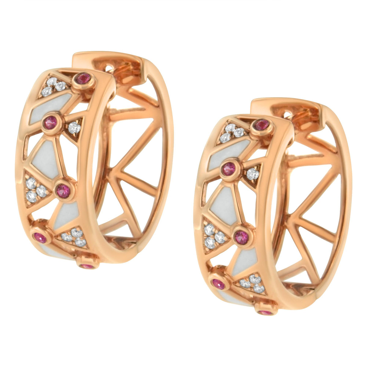 Close-up of 14K rose gold geometric hoop earrings showcasing pink tourmaline, white enamel, and diamond accents on white