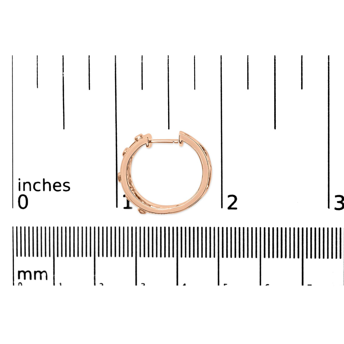 14K rose gold geometric hoop earrings shown with a scale reference