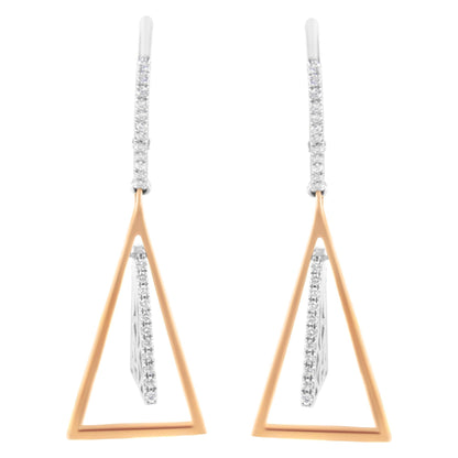 Front view of white and rose metal earrings with a triangular open frame design and white gemstones in a pave setting along the edges.