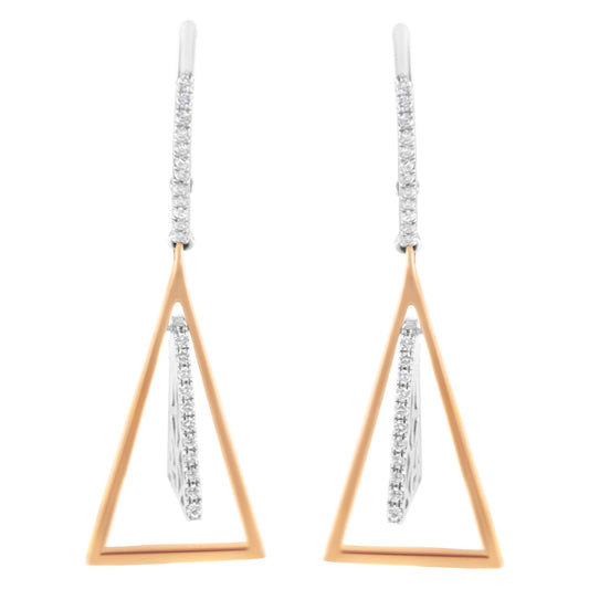 Front view of white and rose metal earrings with a triangular open frame design and white gemstones in a pave setting along the edges.