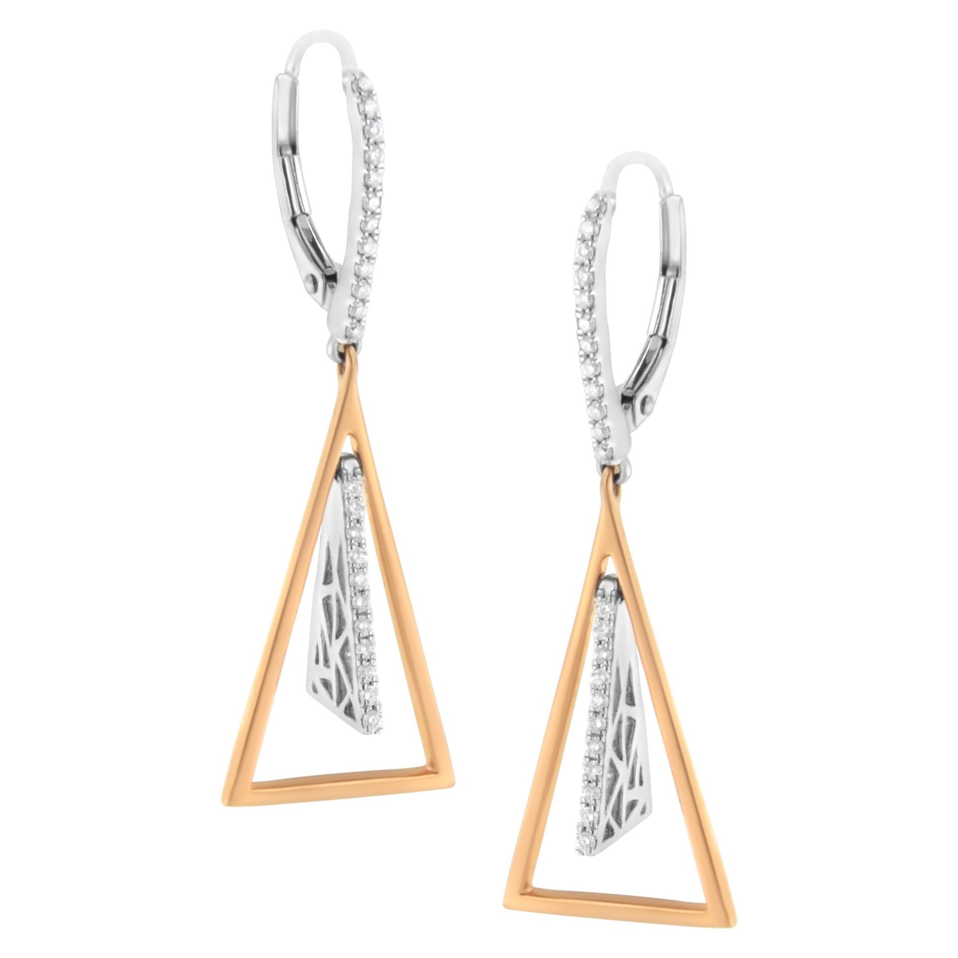 Pair of white and rose metal earrings with triangular open frame design, featuring a smaller geometric element with pave-set white gemstones; front-facing view.