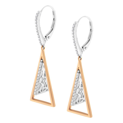 Pair of white and rose metal drop earrings with triangular open frame and inner triangular detail with pave-set white gemstones, shown in close-up front angle.