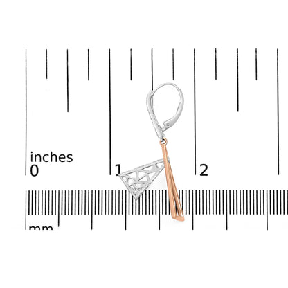 Single earring with white and rose metal colors, featuring round white gemstones in pave setting, shown on a ruler for size reference from a top angle.