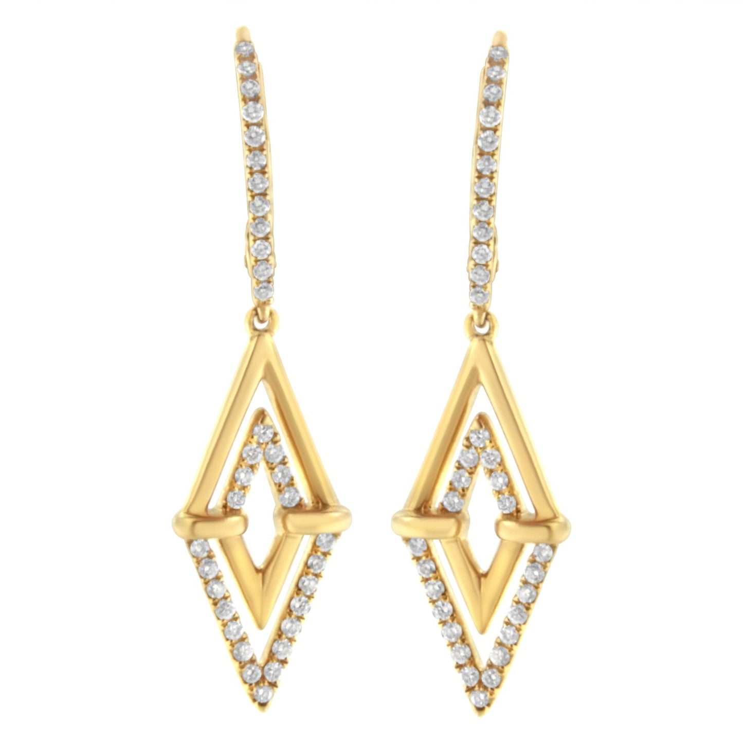 Front view of yellow metal drop earrings with geometric diamond-shaped open design, featuring round white gemstones in pave setting along the edges and on the thin elongated hooks.