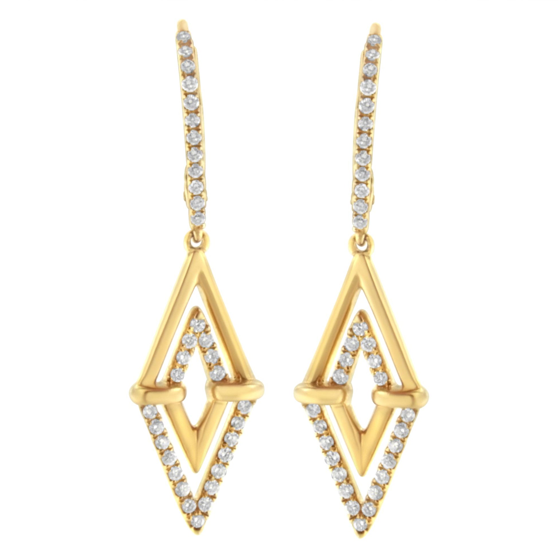 Front view of yellow metal drop earrings with geometric diamond-shaped open design, featuring round white gemstones in pave setting along the edges and on the thin elongated hooks.