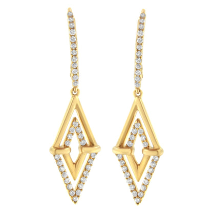 Front view of yellow metal drop earrings with geometric diamond-shaped open design, featuring round white gemstones in pave setting along the edges and on the thin elongated hooks.