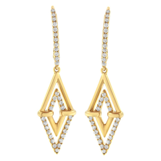 Front view of yellow metal drop earrings with geometric diamond-shaped open design, featuring round white gemstones in pave setting along the edges and on the thin elongated hooks.