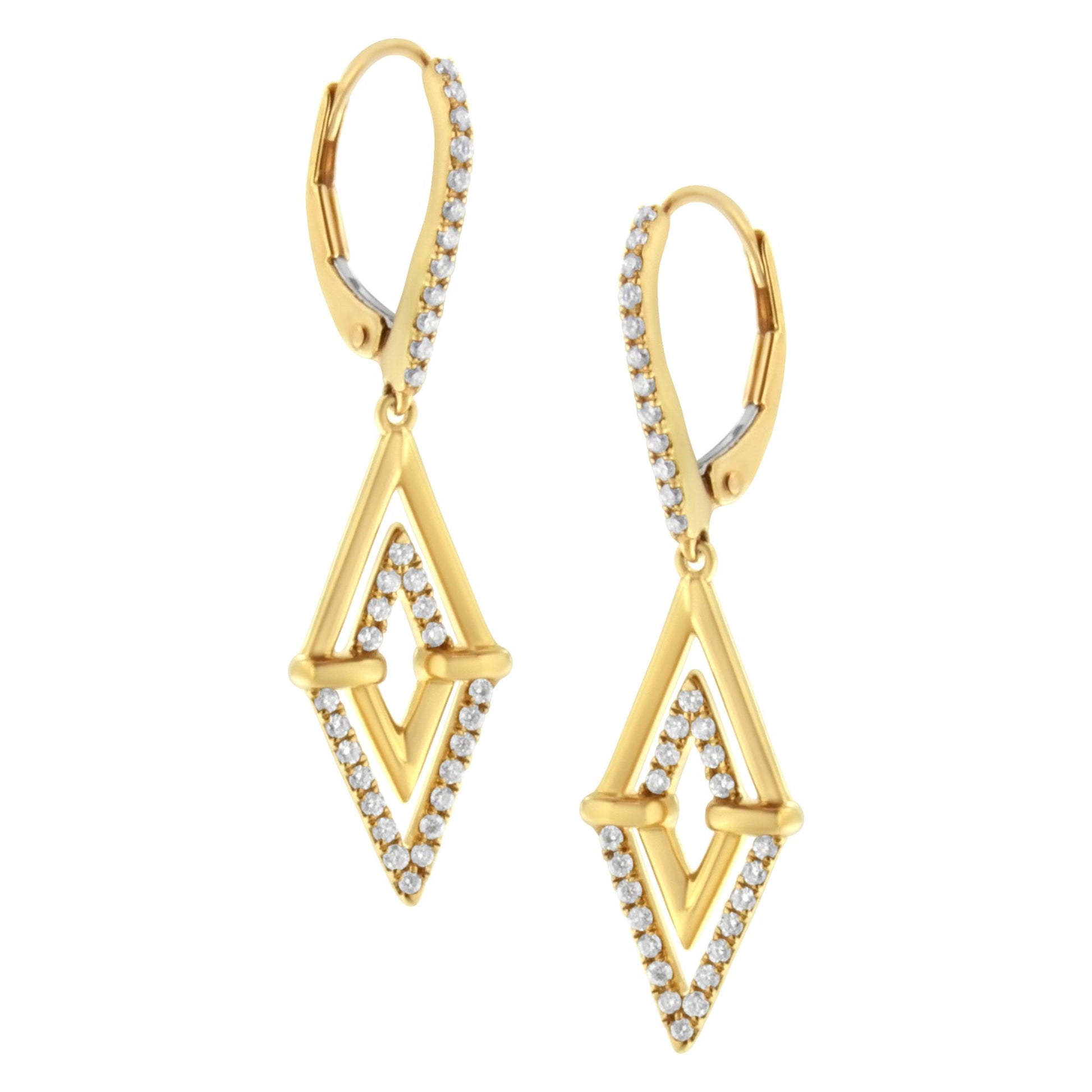 Front-facing view of yellow metal drop earrings with an open diamond-shaped design accented with white round pave-set gemstones along the edges and on the lever-back closure.