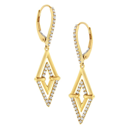 Front-facing view of yellow metal drop earrings with an open diamond-shaped design accented with white round pave-set gemstones along the edges and on the lever-back closure.