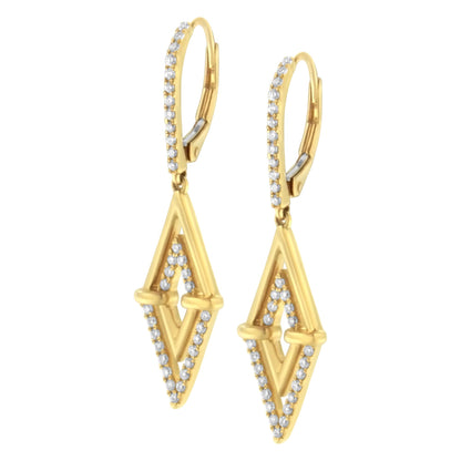Front-facing view of a pair of yellow metal earrings with elongated diamond-shaped geometric dangles accented with round white gemstones in pave settings along the outer edges and upper hoops.