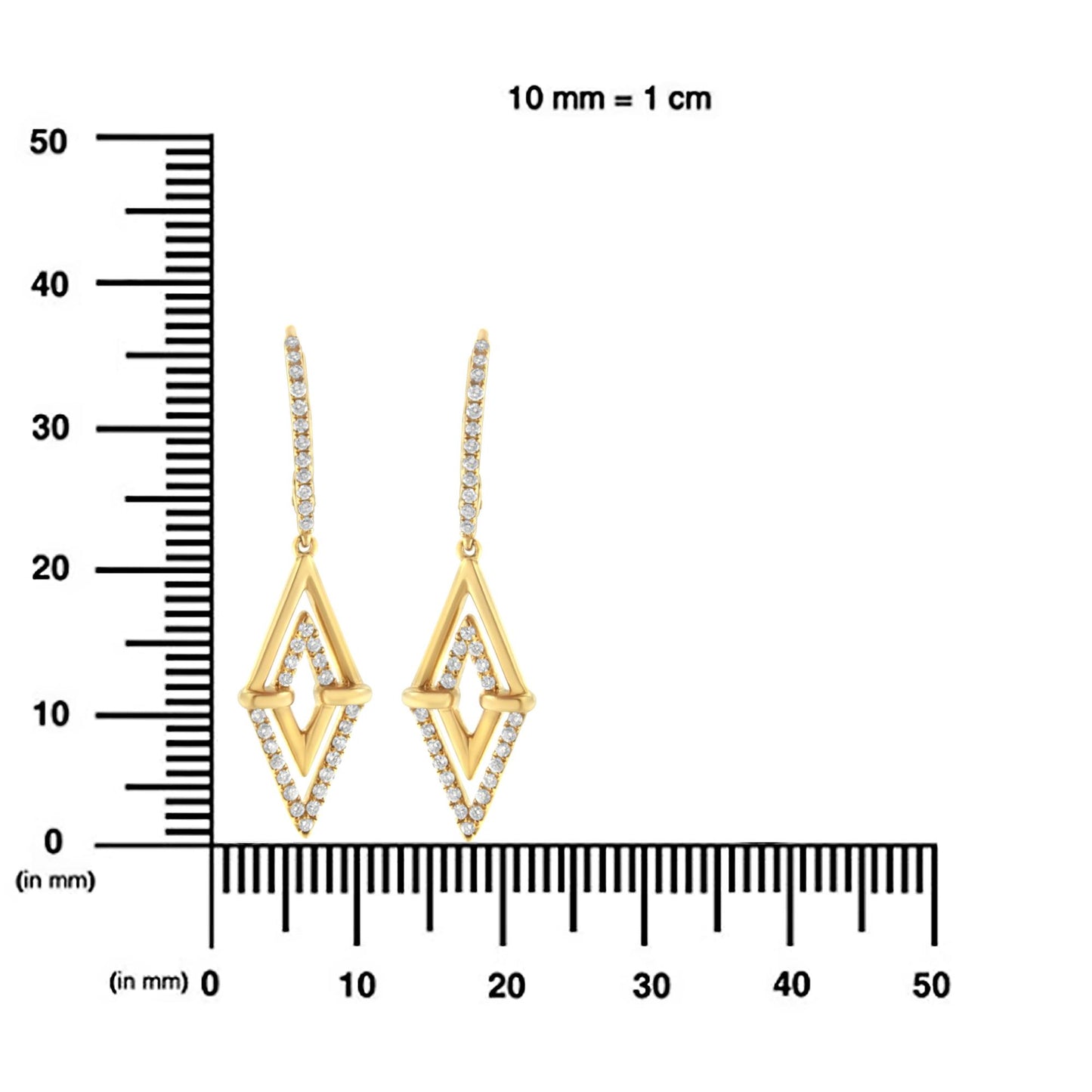 Front view of yellow metal earrings with a geometric diamond-shaped design, featuring pave-set white round gemstones along the edges, placed on a ruler for size reference.