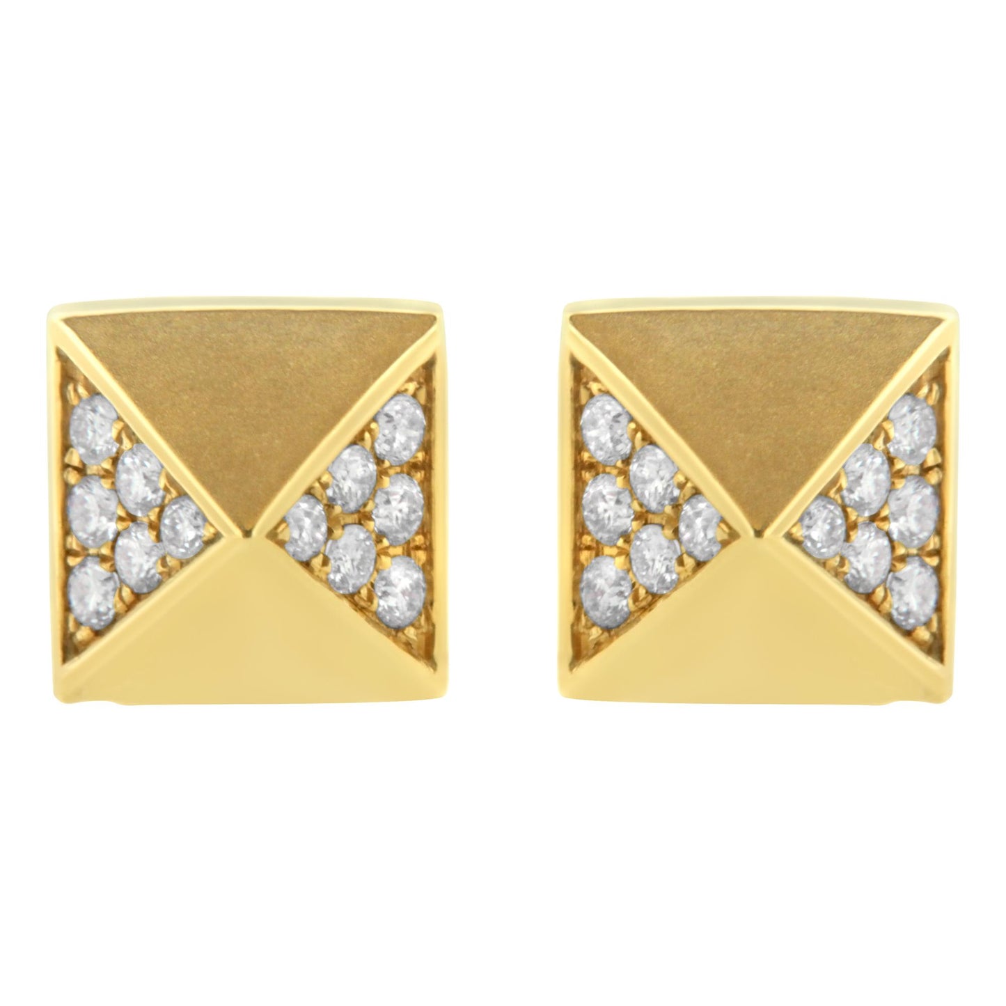 Front view of square-shaped yellow metal earrings with white round gemstones set in prong settings on each corner.