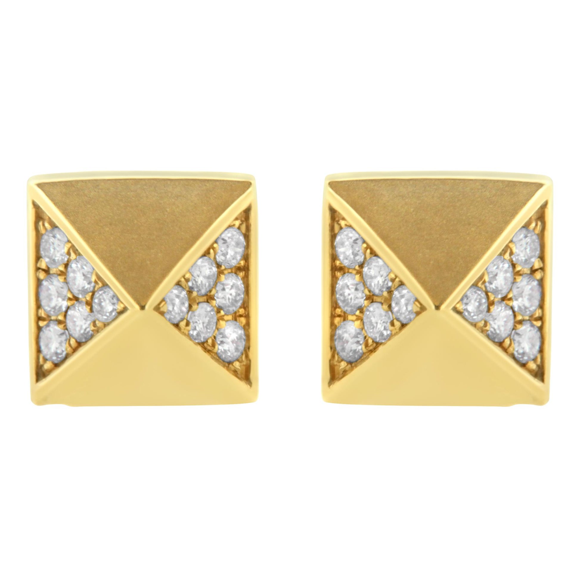 Front view of square-shaped yellow metal earrings with white round gemstones set in prong settings on each corner.