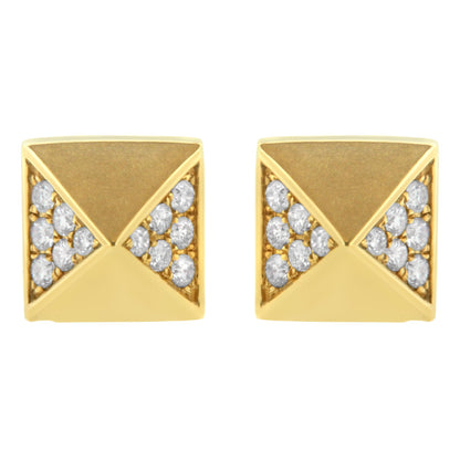 Front view of square-shaped yellow metal earrings with white round gemstones set in prong settings on each corner.