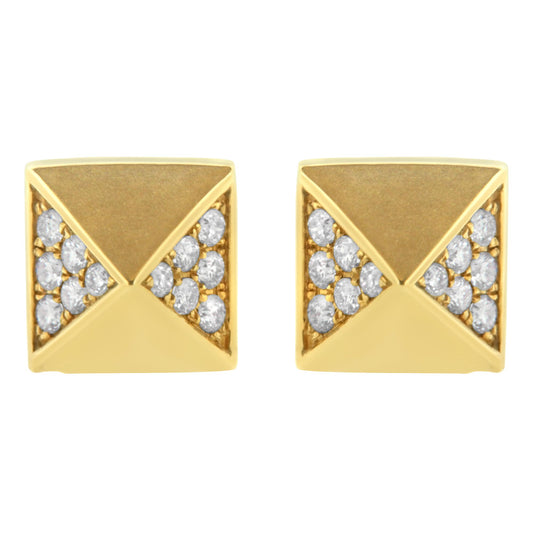 Front view of square-shaped yellow metal earrings with white round gemstones set in prong settings on each corner.