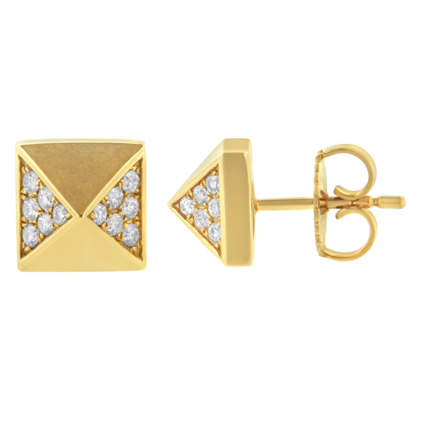 Front and side views of square-shaped yellow metal stud earrings with triangular sections set with round white gemstones in prong settings, shown on a white background.