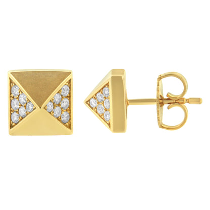 Front and side views of square-shaped yellow metal stud earrings with triangular sections set with round white gemstones in prong settings, shown on a white background.