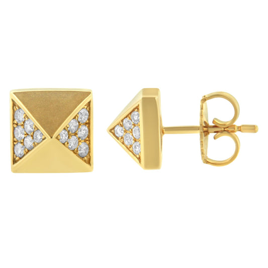 Front and side views of square-shaped yellow metal stud earrings with triangular sections set with round white gemstones in prong settings, shown on a white background.