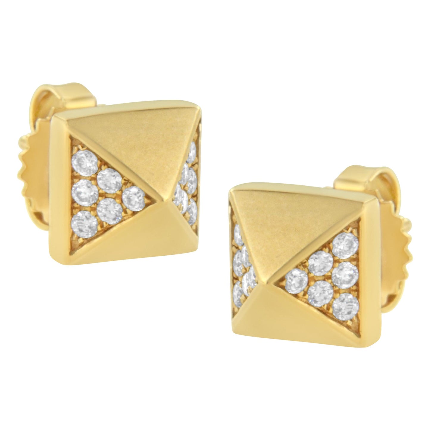 Pair of yellow metal square-shaped stud earrings with sections of white round gemstones, shown in a front angled view.