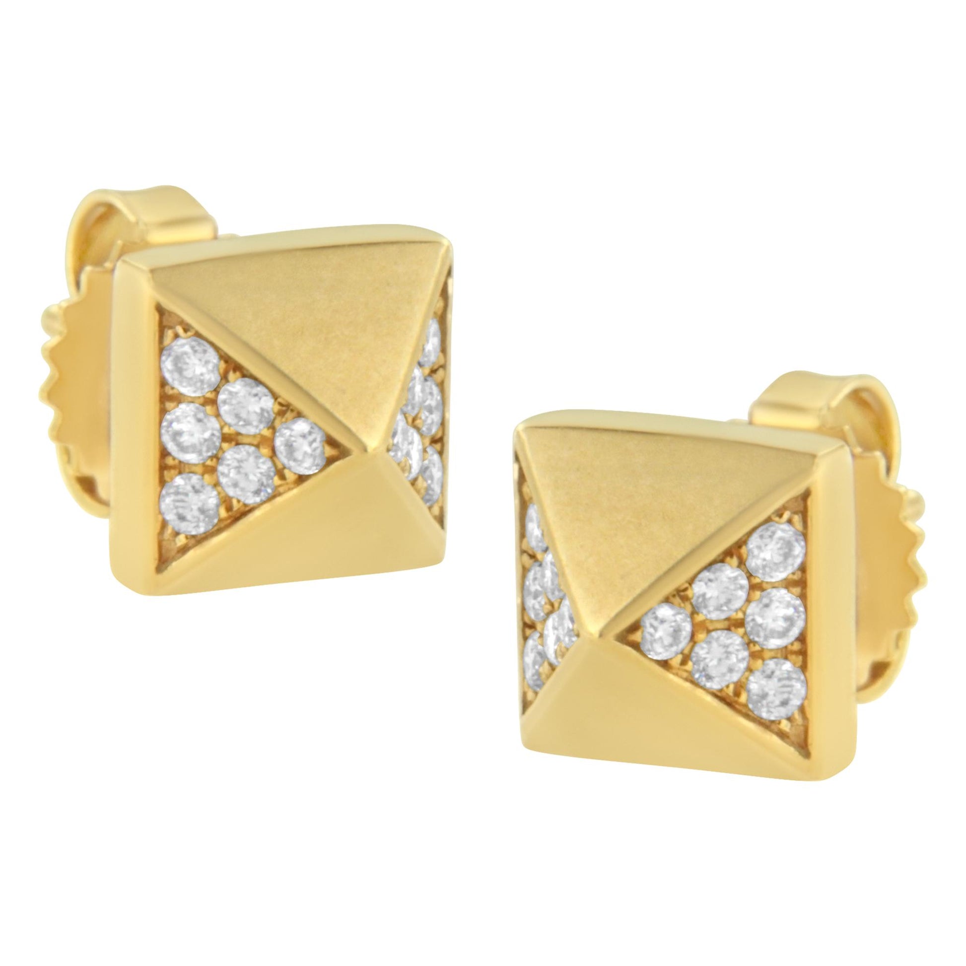 Pair of yellow metal square-shaped stud earrings with sections of white round gemstones, shown in a front angled view.