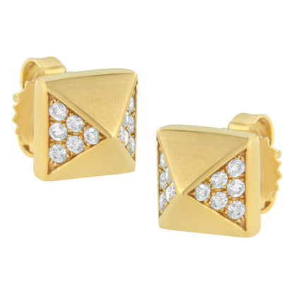 Pair of yellow metal square-shaped stud earrings with sections of white round gemstones, shown in a front angled view.