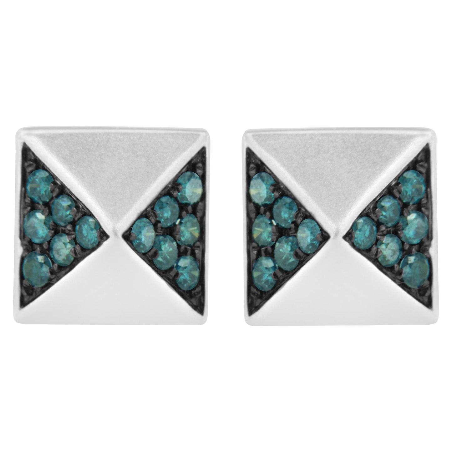 Front angle view of white metal square stud earrings with blue round gemstones in prong setting arranged in two triangular sections on each earring.