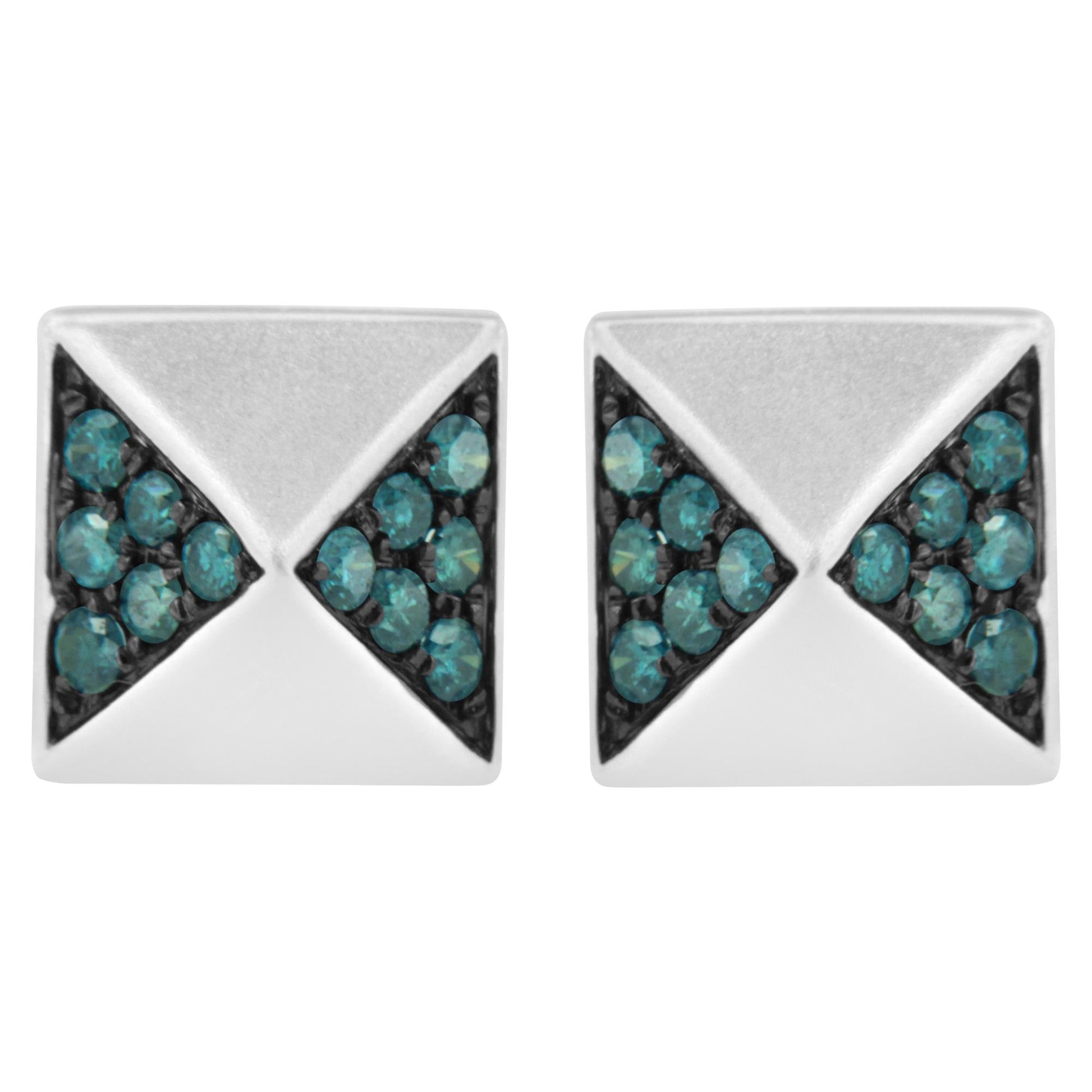 Front angle view of white metal square stud earrings with blue round gemstones in prong setting arranged in two triangular sections on each earring.
