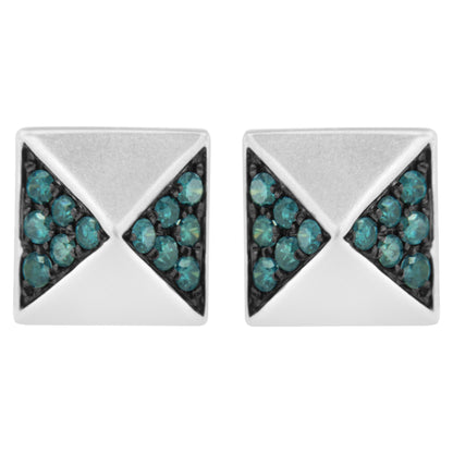 Front angle view of white metal square stud earrings with blue round gemstones in prong setting arranged in two triangular sections on each earring.
