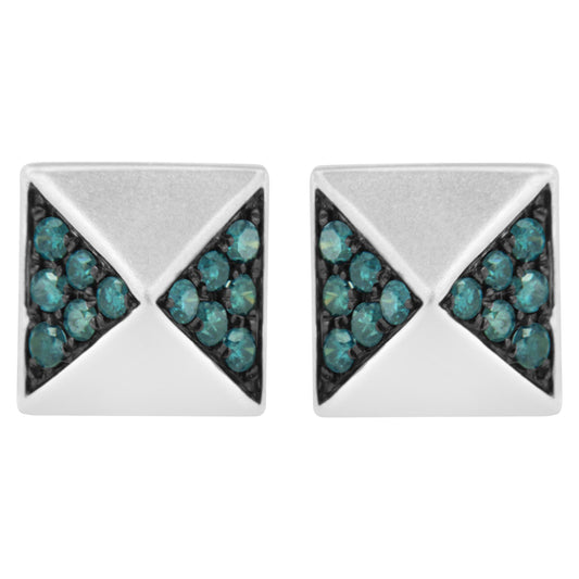 Front angle view of white metal square stud earrings with blue round gemstones in prong setting arranged in two triangular sections on each earring.