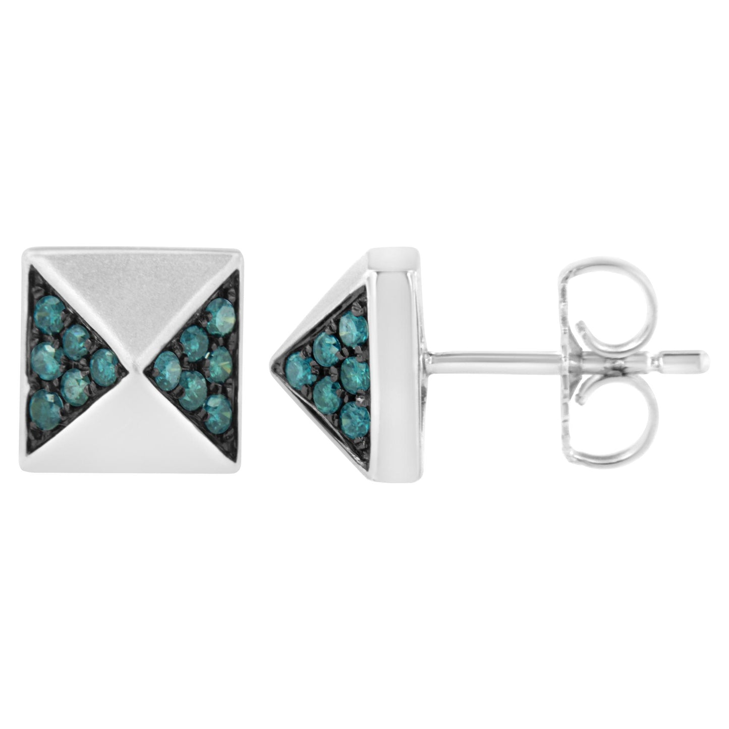 Pair of square-shaped white metal stud earrings with triangular sections inset with round blue gemstones in prong settings, shown from front and side angles.