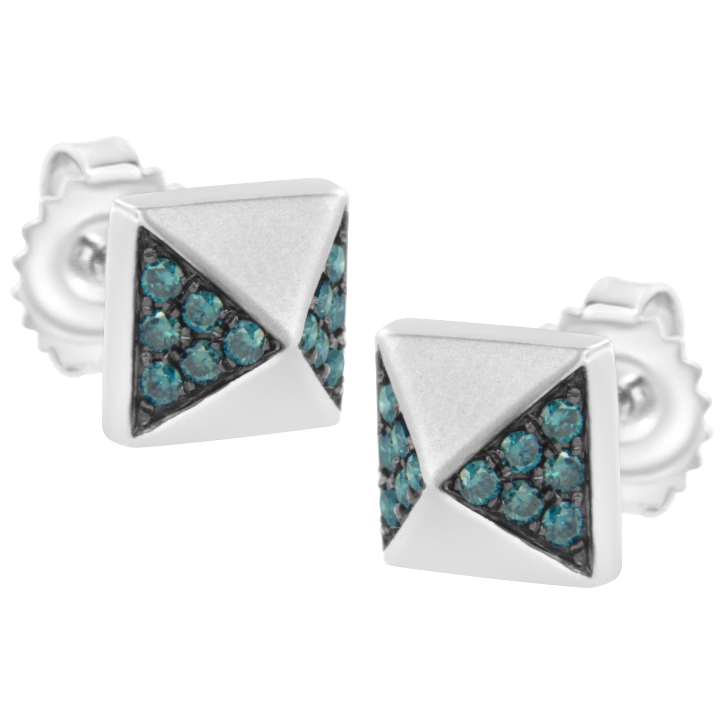 Pair of white metal square stud earrings with pyramid design featuring clusters of round blue gemstones in prong settings, shown in a close-up angled front view.