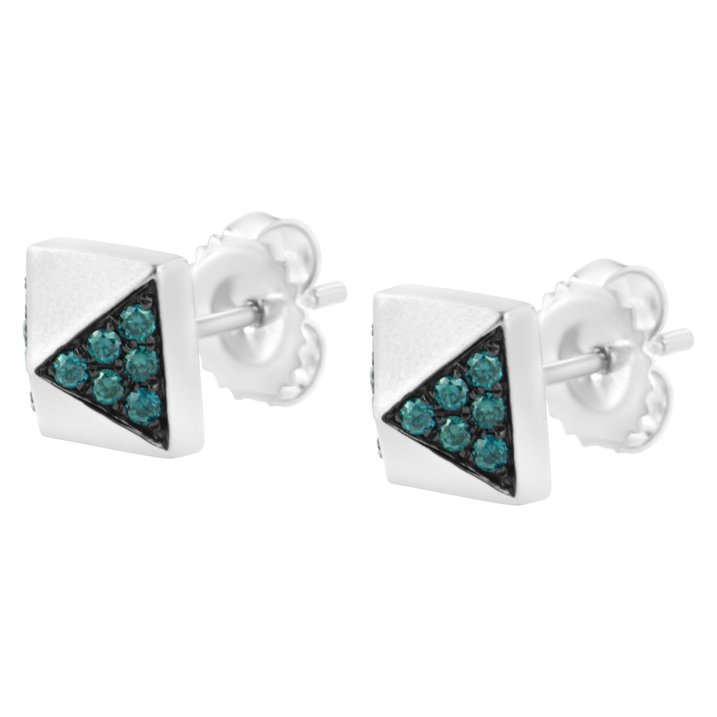 Pair of square-shaped white metal stud earrings with triangular cluster of round blue gemstones, shown from a front angle.