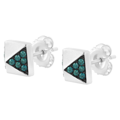 Pair of square-shaped white metal stud earrings with triangular cluster of round blue gemstones, shown from a front angle.