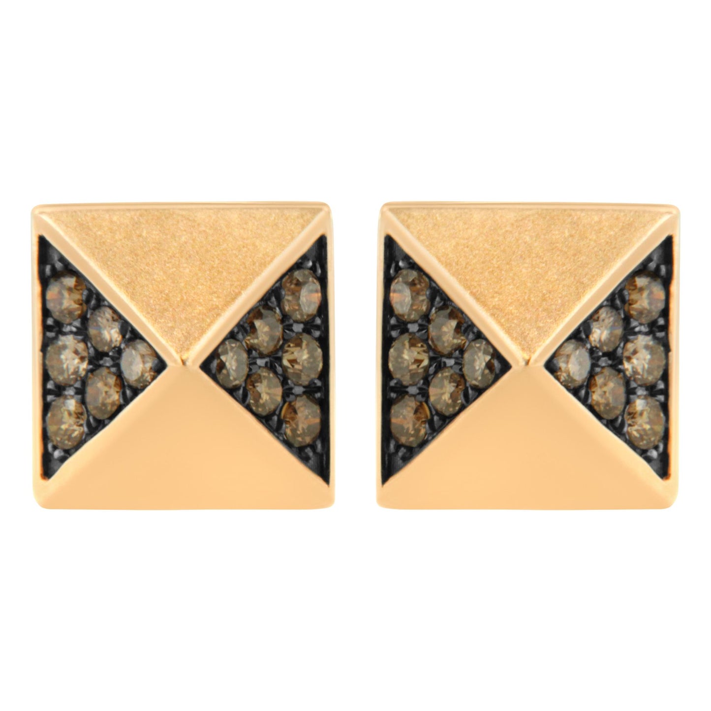 Front angle close-up of a pair of rose metal square stud earrings featuring triangular sections set with round brown gemstones.