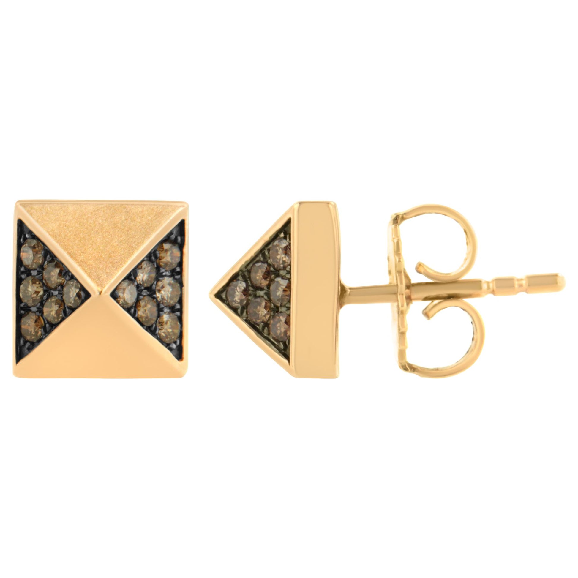 Close-up front and side view of rose-colored square stud earrings with triangular sections featuring round brown gemstones in prong settings.