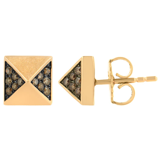 Close-up front and side view of rose-colored square stud earrings with triangular sections featuring round brown gemstones in prong settings.