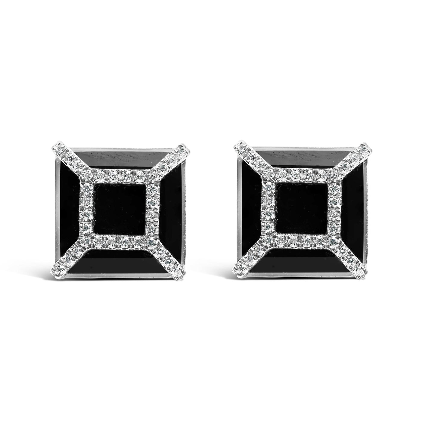 Front angle view of white metal square-shaped earrings featuring black cushion-shaped gemstones at the center, surrounded by round white pave-set gemstones.
