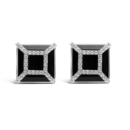 Front angle view of white metal square-shaped earrings featuring black cushion-shaped gemstones at the center, surrounded by round white pave-set gemstones.
