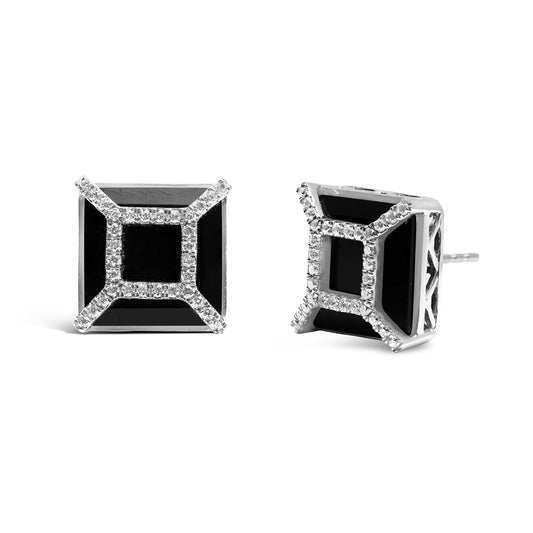 Pair of white metal square earrings with black cushion-shaped gemstones and surrounding round white gemstones in pave setting, shown from front and angled side views on a white background.