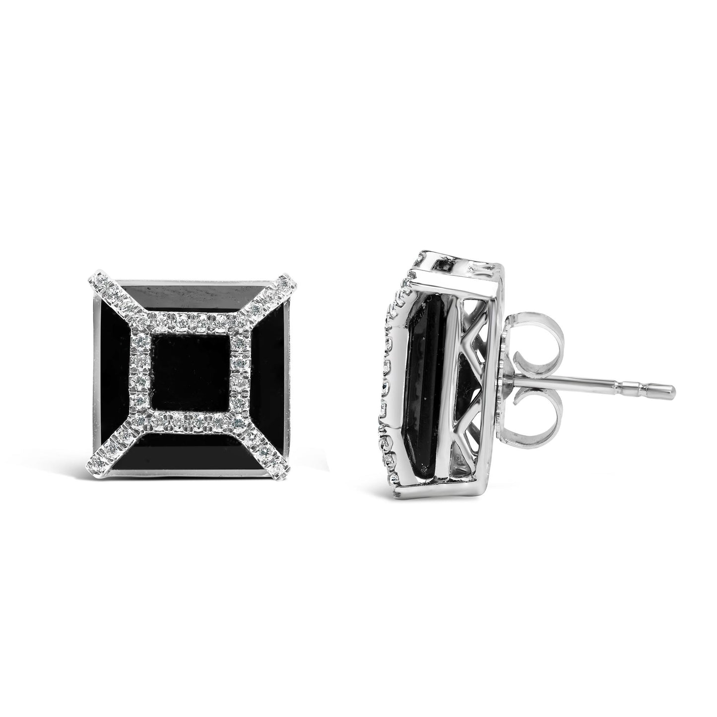 Front and side views of square white metal earrings with cushion-shaped black gemstones surrounded by round white gemstones in pave setting.